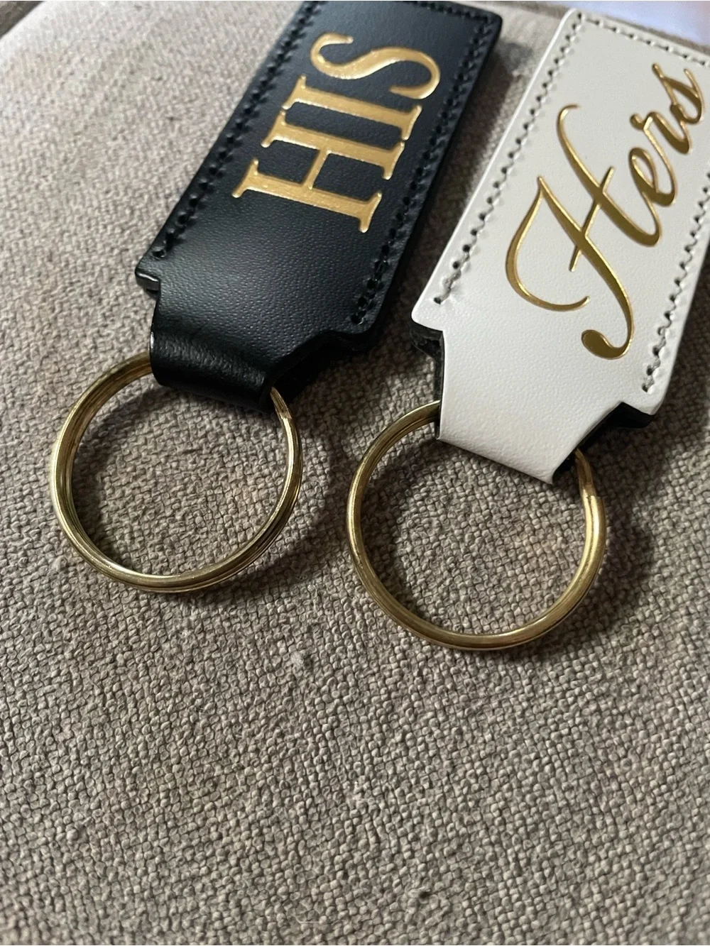 Leather 'His' and 'Hers' Keychain Set - Black & White with Gold Lettering